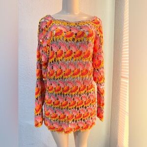 Free People Little Fan Crochet Striped Beach Cover Up Sweater M/L great conditio